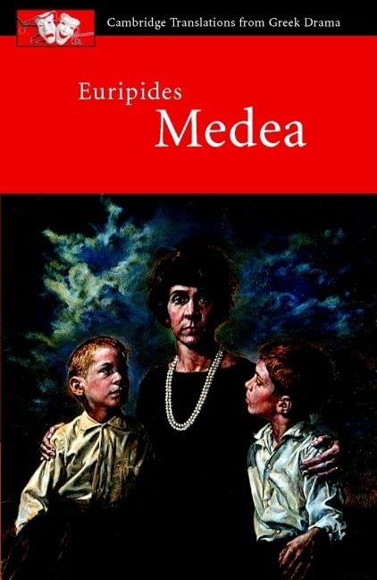 Book cover of Euripides' Medea showing a woman with two boys against dark background.