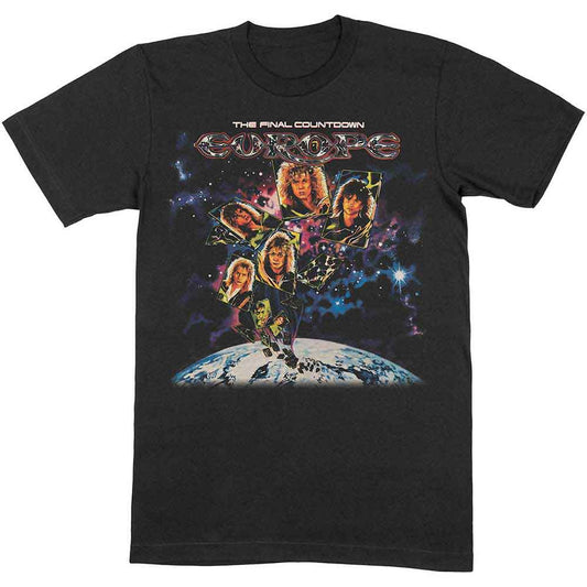 Black t-shirt with a colorful "Europe - Final Countdown" album cover print.
