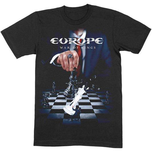 Man wearing a black Europe War of Kings t-shirt with a chess board print.