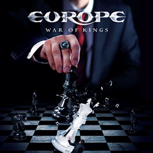 "Suited man moves a chess piece on a chessboard, 'Europe - War of Kings' album cover."