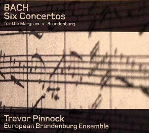 CD cover for Bach’s Brandenburg Concertos with musical score background.