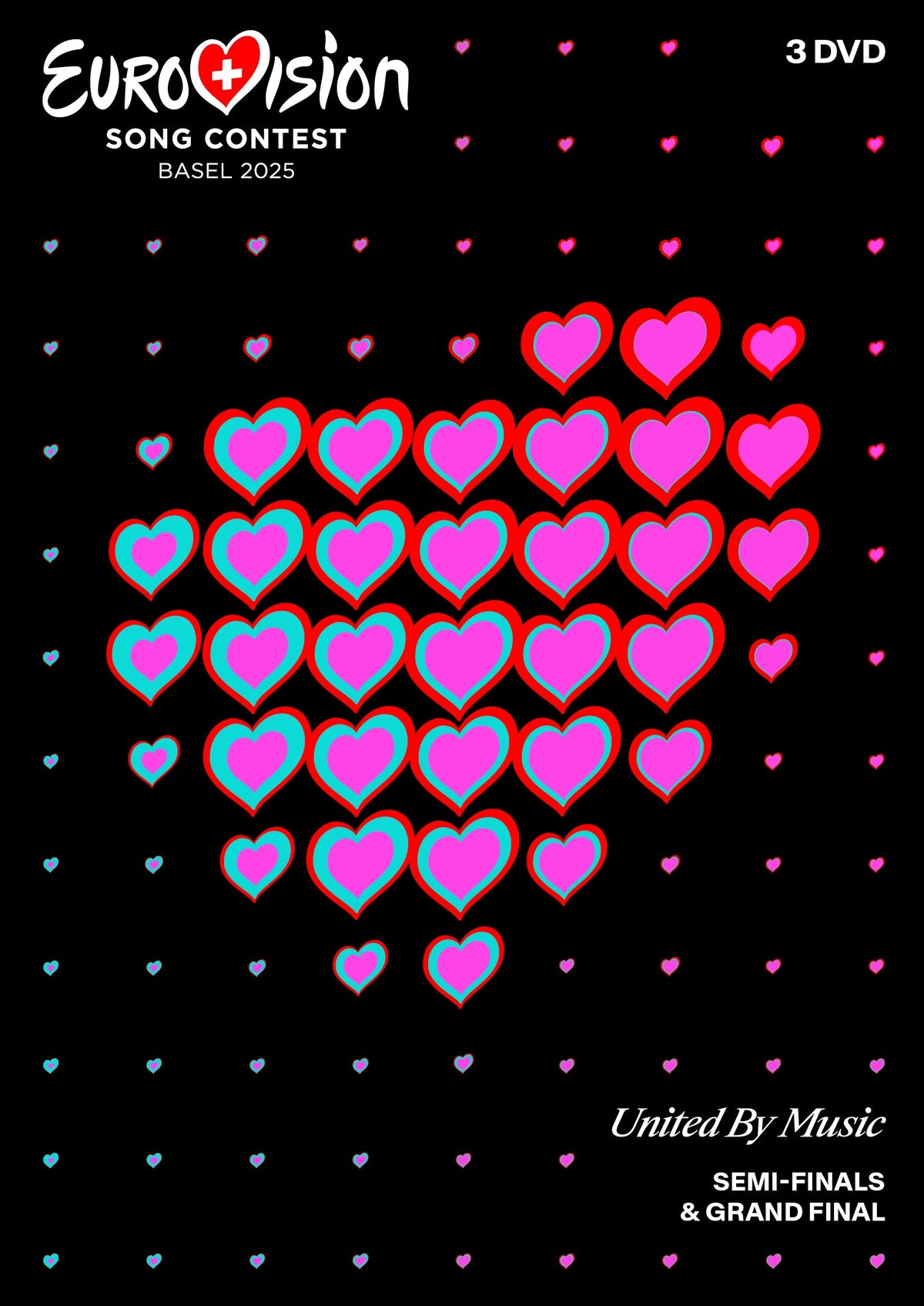 Eurovision Song Contest Basel 2025 DVD cover with pink hearts on black.