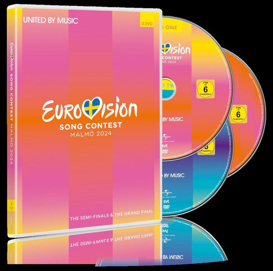 Eurovision Song Contest Malmö 2024 three-disc DVD set with colorful gradient cover and discs.