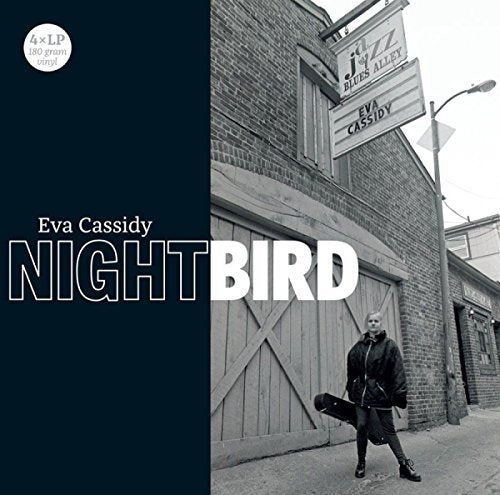 "Eva Cassidy's 'Nightbird' album cover featuring a black-and-white photo of a man walking."