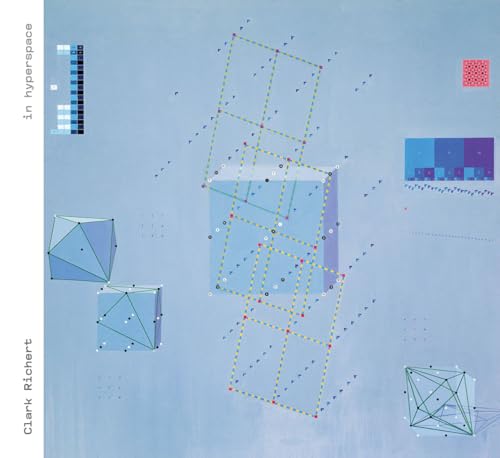 Abstract geometric shapes in blue and green on a light blue background.