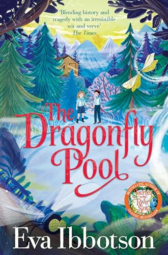 Book cover illustration featuring two children standing near a pool, mountains, and dragonflies.