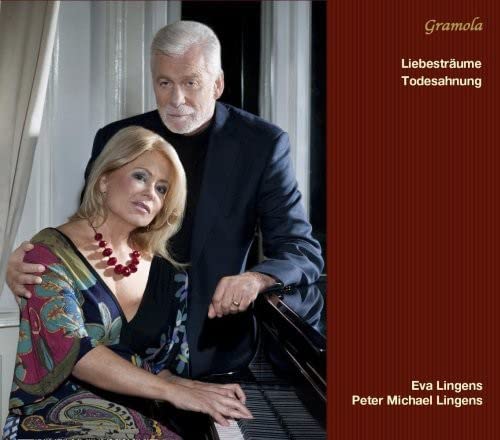 Couple posing near a grand piano, CD cover for "Liebestraumetodesahnung".