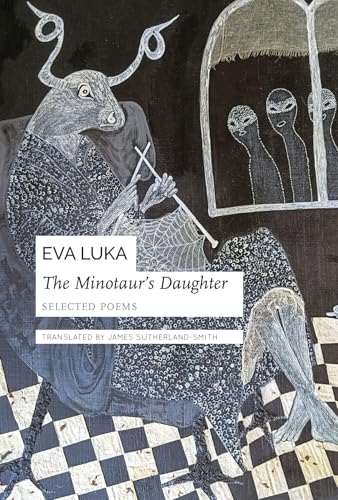Poetry book cover featuring a minotaur-like figure and figures in a window.