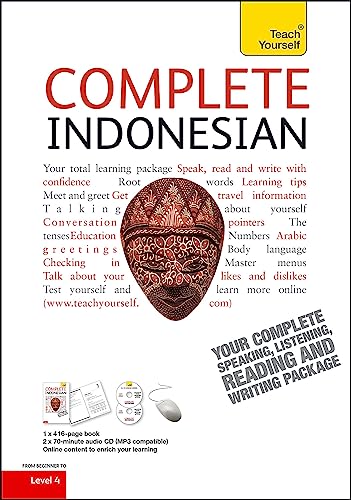 Cover of "Complete Indonesian" language learning book with audio support.
