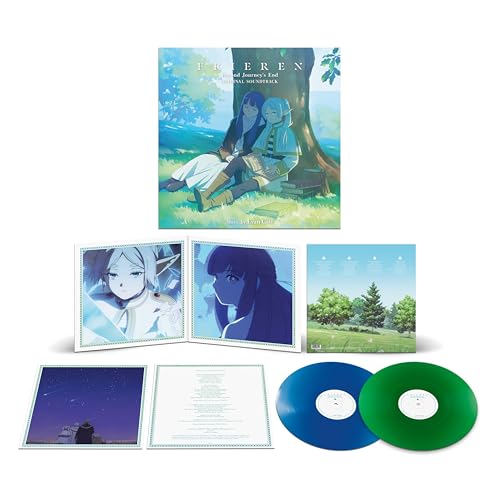Frieren: Beyond Journey's End vinyl soundtrack set with illustrated gatefold, inserts, and two colored discs.