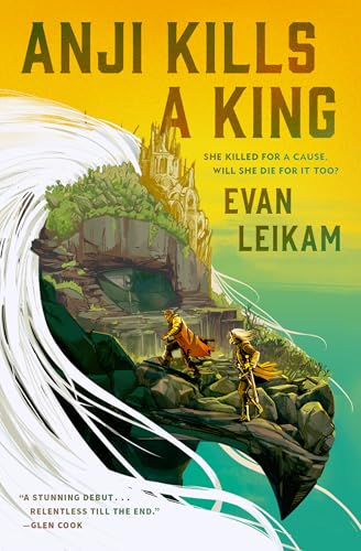 Book cover: castle on a landmass engulfed by a rising wave, two figures.