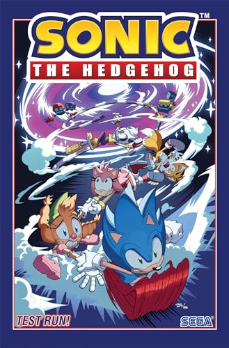 Blue hedgehog character on cover, surrounded by speed lines and comic book panels.