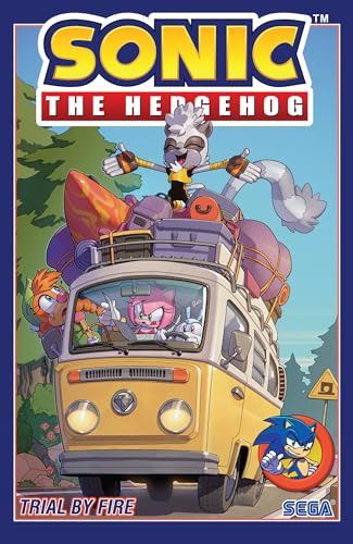 Sonic characters with luggage atop a yellow van, comic book cover.