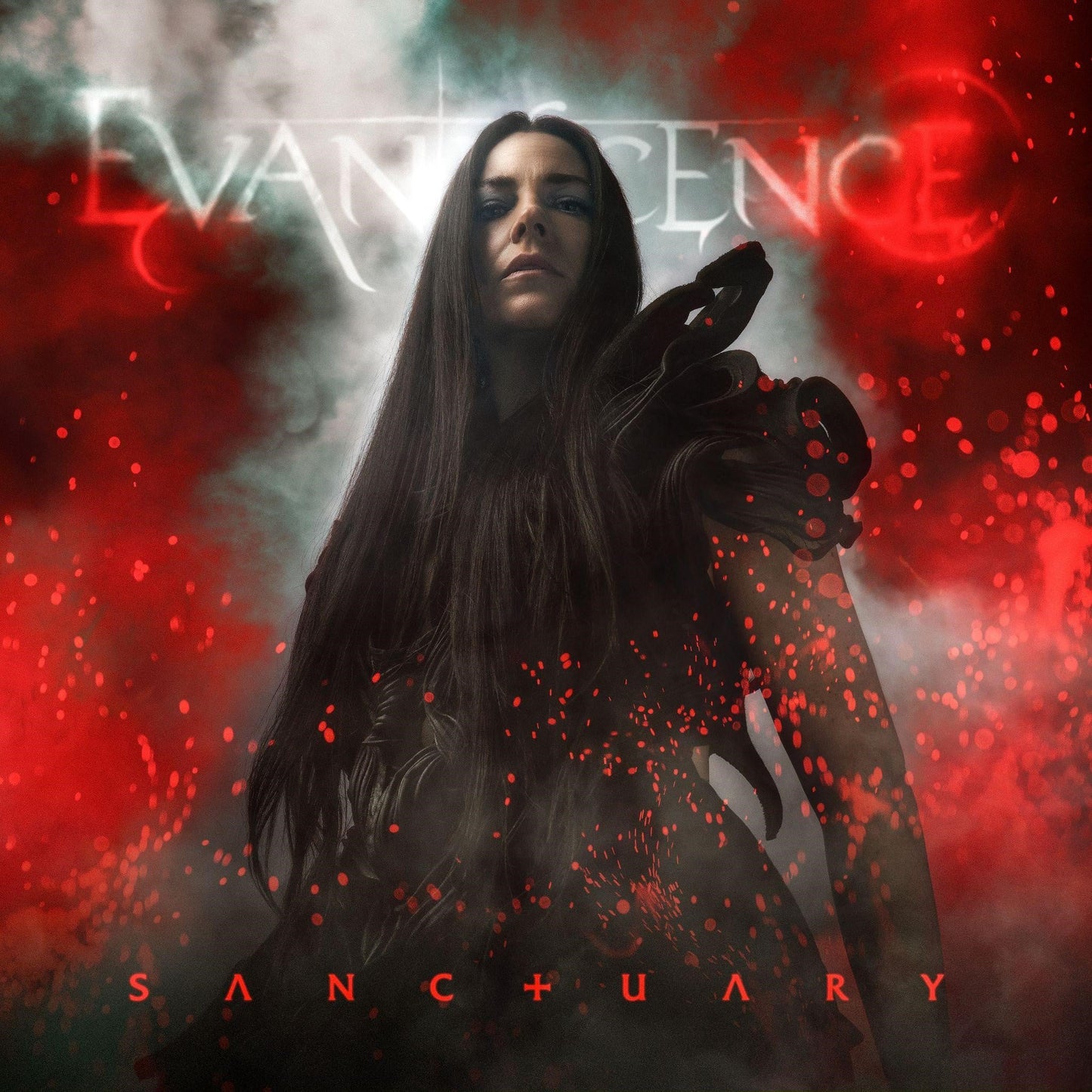 Evanescence album "Sanctuary" CD cover with a woman and falling particles.