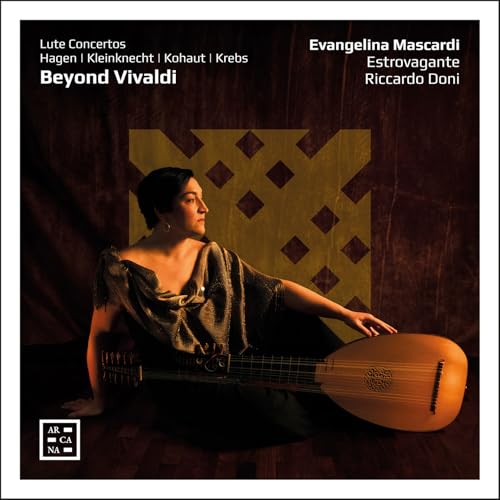 Evangelina Mascardi sitting and holding a lute against a dark, textured background.