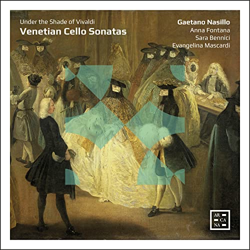 CD cover: Venetian figures in masks with teal geometric shapes.