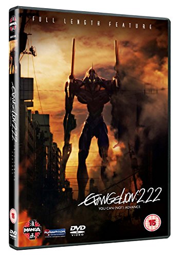 Evangelion 2.22 DVD cover featuring a giant robot silhouette against a dramatic sunset background.