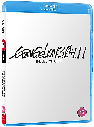 Blu-ray case for “Evangelion:3.0+1.11 Thrice Upon A Time” with white text.