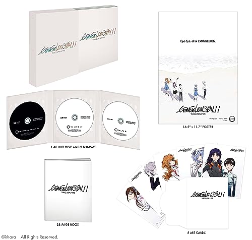 White “Evangelion 3.0 & 1.11” Blu-ray box set with discs, cards, and booklet.