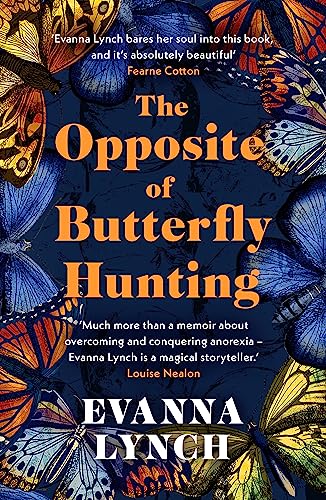Book cover with orange text on a dark blue background surrounded by colorful butterflies.