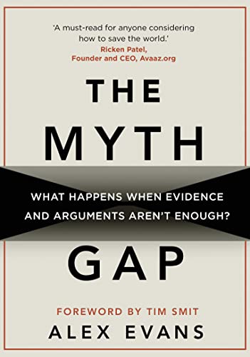 Book cover: "The Myth Gap" by Alex Evans, with red and white design.