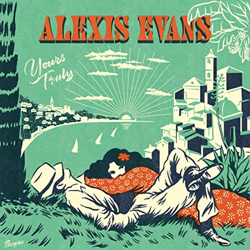 Alexis Evans' "Yours Truly" vinyl cover: illustrated couple, sunset, coastal town.