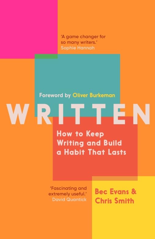 Book cover with orange background and overlapping colored rectangles featuring the title Written.