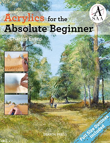 Book cover titled Acrylics for the Absolute Beginner featuring a landscape painting and tutorials.