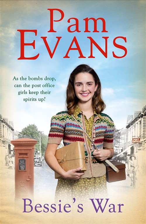 Book cover: young woman with parcels, wartime street background.