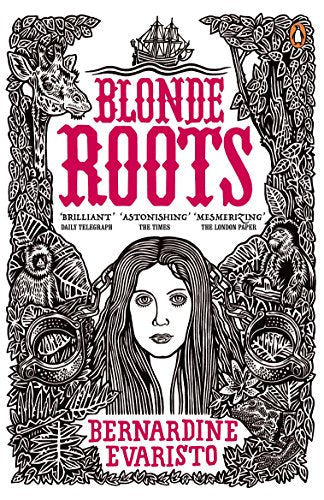 Book cover for “Blonde Roots” by Bernardine Evaristo, with hands and ribbon.