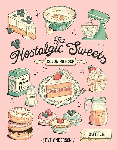 Coloring book cover featuring illustrations of cakes, pastries, baking ingredients, and a stand mixer.