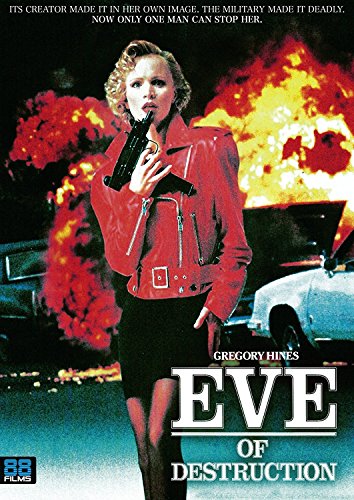 A woman in a red jacket holds a gun before a large fiery explosion.