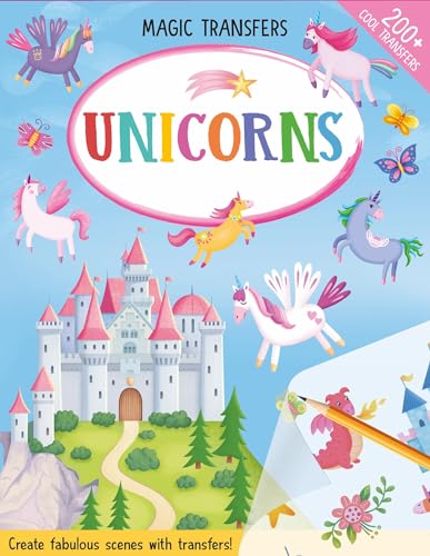 “Magic Transfers - Unicorns” book cover with colorful unicorns and a castle.