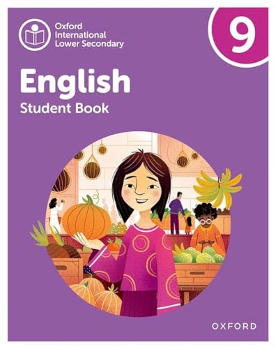 Purple cover of Oxford International Lower Secondary English Student Book 9 with market illustration.