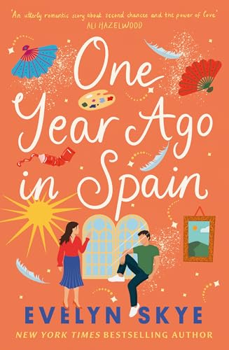 Book cover with illustrated couple, fans, and art supplies on orange.
