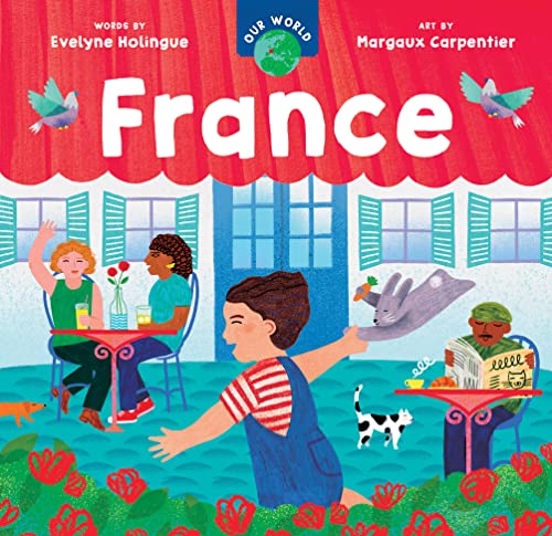 Children's book cover showing people at a French cafe with birds and a cat.