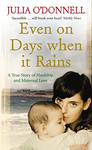 Book cover: woman holding a baby, seascape background, title “Even on Days when it Rains”.