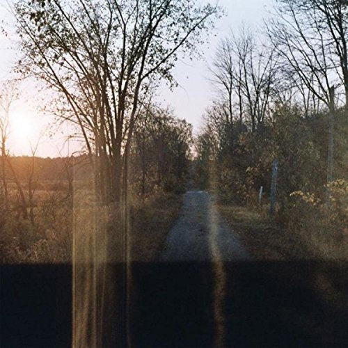 The alt text for the image is: "Vinyl record cover with a serene forest path at sunset."