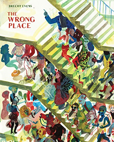 Book cover: colorful, surreal illustration of people on staircases.