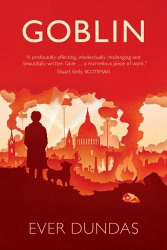 Red book cover with silhouette of figure and dog before a city.