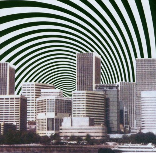 City skyline distorted by swirling green and white optical illusion.