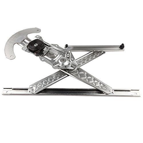 The image shows a silver metal car window regulator against a white background.