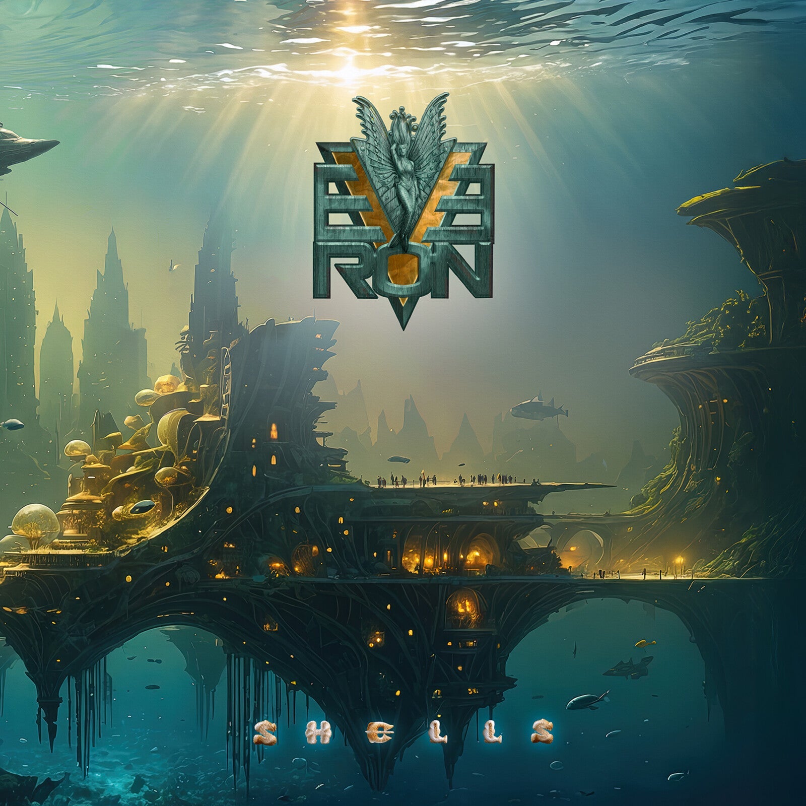 Underwater city landscape with glowing structures and the album title "Everon - Shells".
