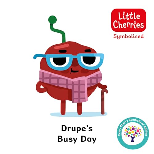 Red cherry character with glasses and cane, book cover illustration.