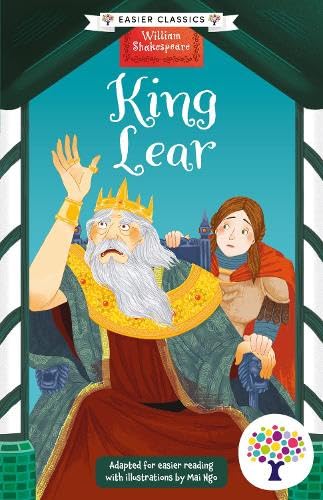 Book cover illustration of King Lear with a long white beard and a young woman.