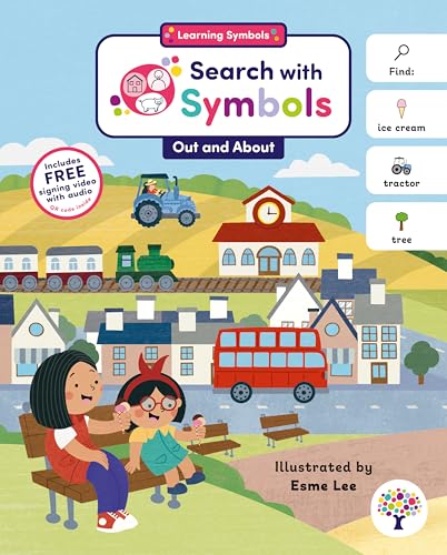 Children's book cover featuring a town scene with a train, bus, and two children.