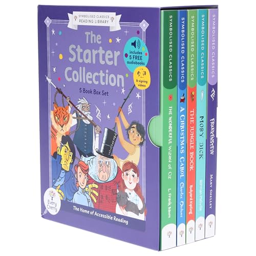 A purple box set containing five Symbolised Classics books with illustrated characters on the cover.