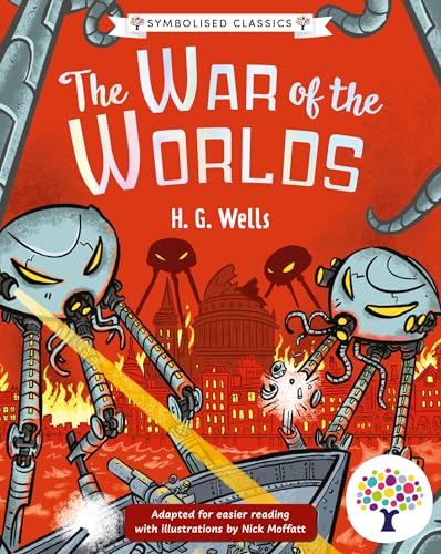 Book cover illustration of alien tripods attacking a city with a red background.