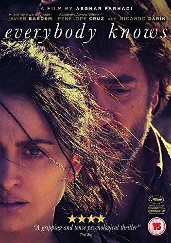 DVD cover for "Everybody Knows" featuring Bardem, Cruz, and a young woman.