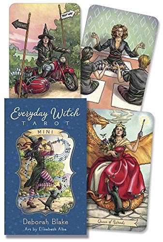 Mini tarot deck with illustrated cards featuring witches and fantastical scenes.